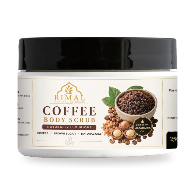 Rimal Coffee Body Scrub: white jar with a cream label showing coffee beans, brown sugar and macadamia nuts