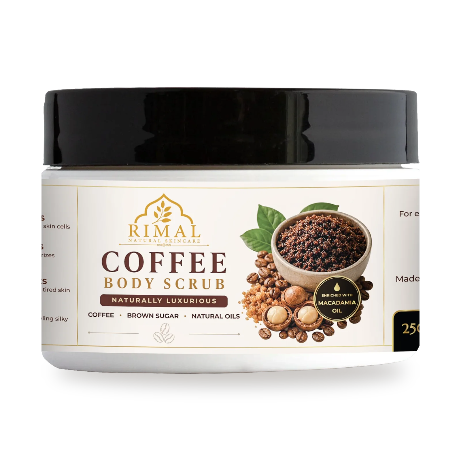 Rimal Coffee Body Scrub: white jar with a cream label showing coffee beans, brown sugar and macadamia nuts