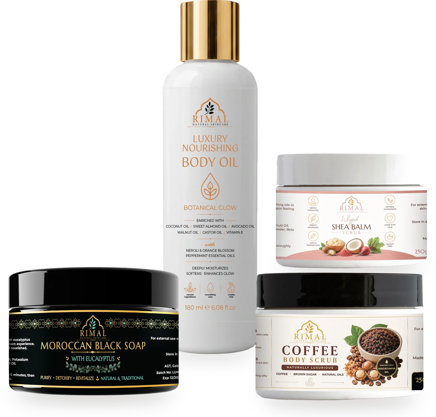 Rimal Moroccan Black Soap, Luxury Nourishing Body Oil, Whipped Shea Balm Scrub and Coffee Body Scrub