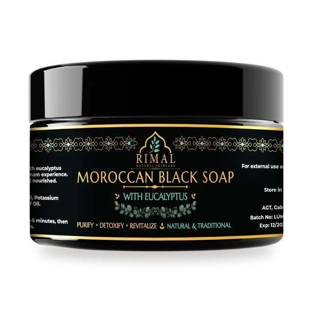 Rimal Moroccan Black Soap with Eucalyptus: black jar with a gold-bordered label