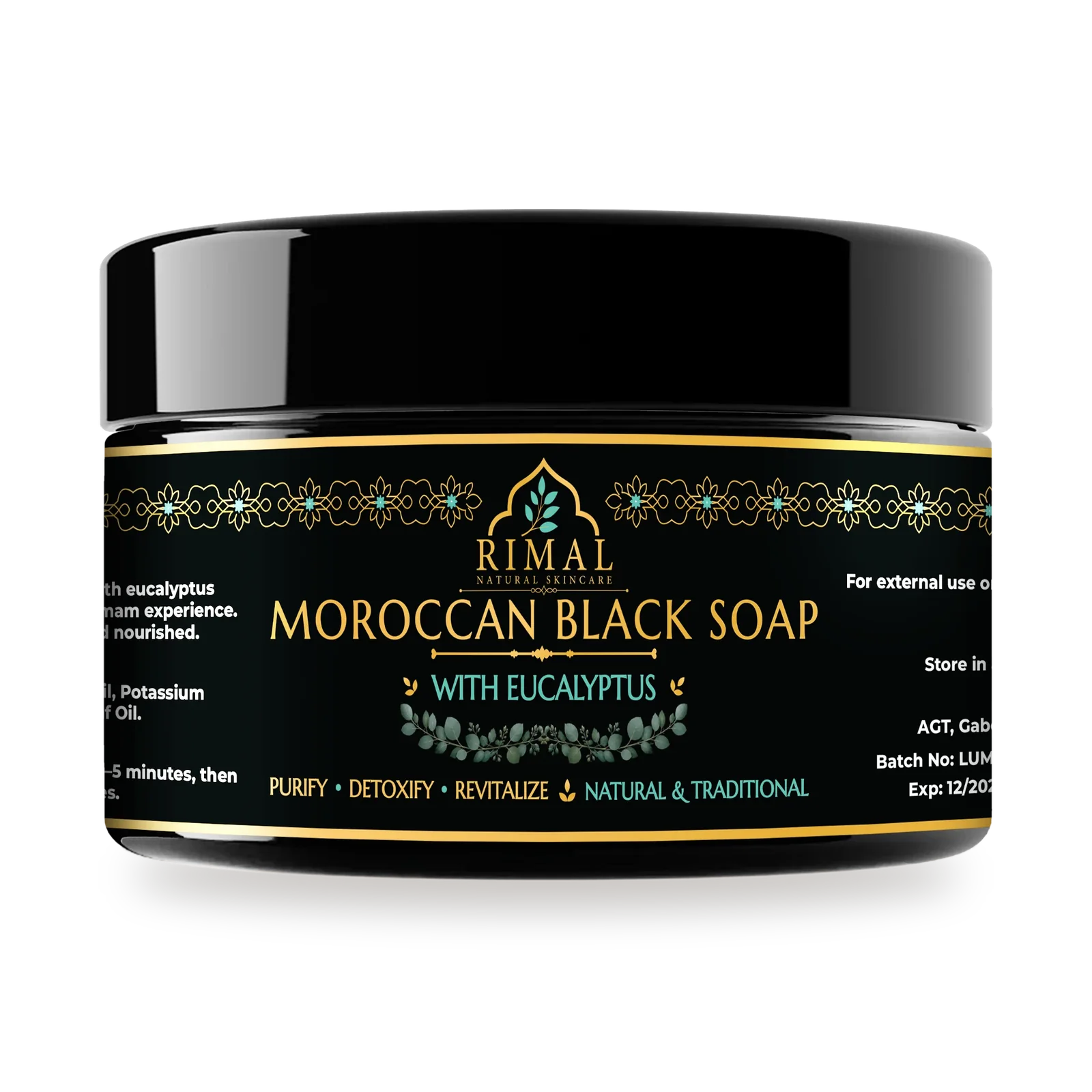 Rimal Moroccan Black Soap with Eucalyptus: black jar with a gold-bordered label